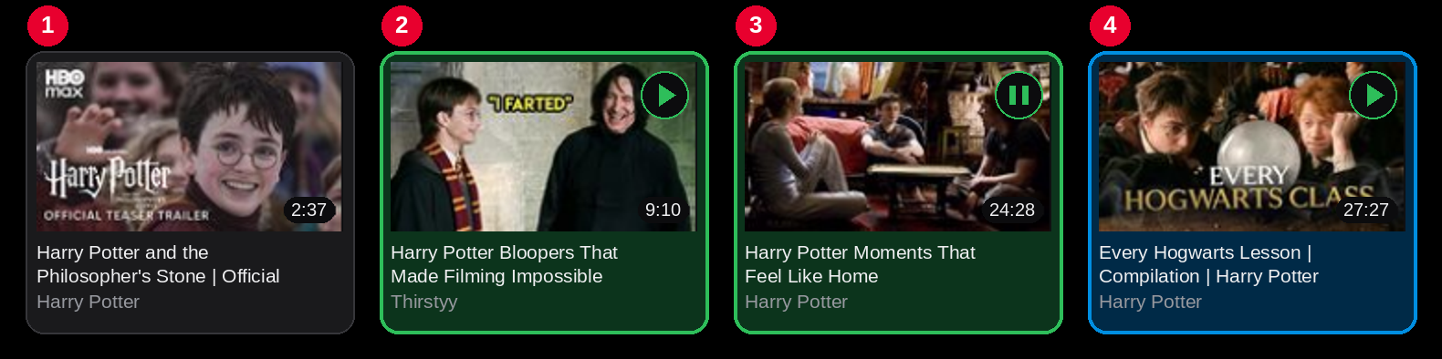 Cards of a listing: normal, playing, paused and chosen