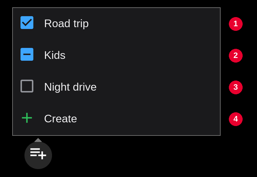 Library lists menu with check boxes and Create